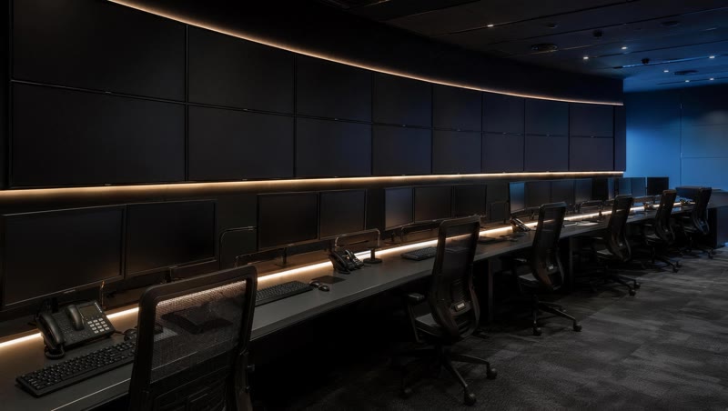 The Command Room: a curved display wall behind a long production desk