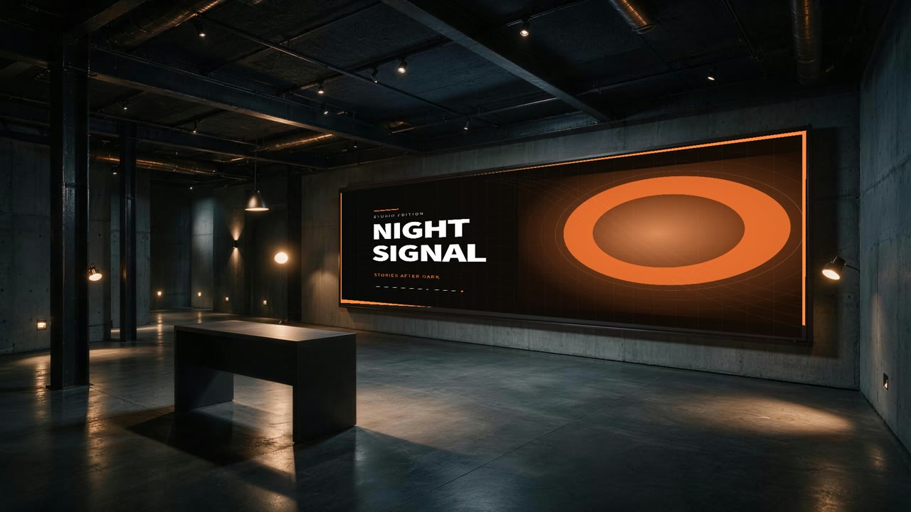 The Desk virtual set with the Night Signal title card lit on the wall-sized mapped display beside the presenter desk