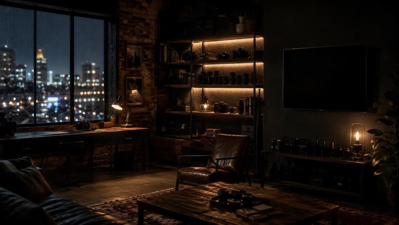 The Loft: an editorial room at night with city windows, shelving, and a wall display