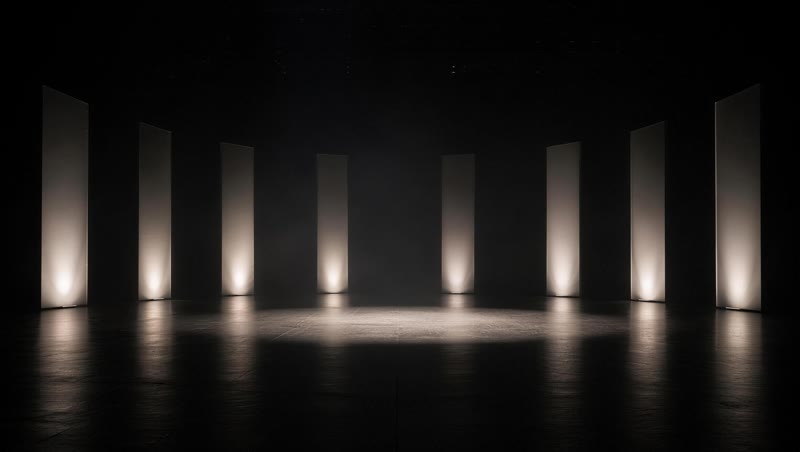 The Stage: tall light and projection surfaces around an open presentation area