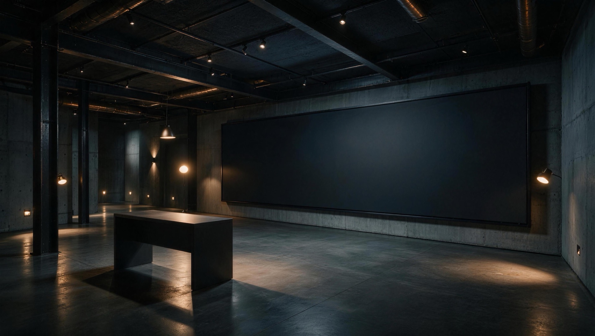 A dark modern broadcast studio set: concrete walls, blackened steel, a blank glowing LED wall, a minimal dark desk with a microphone