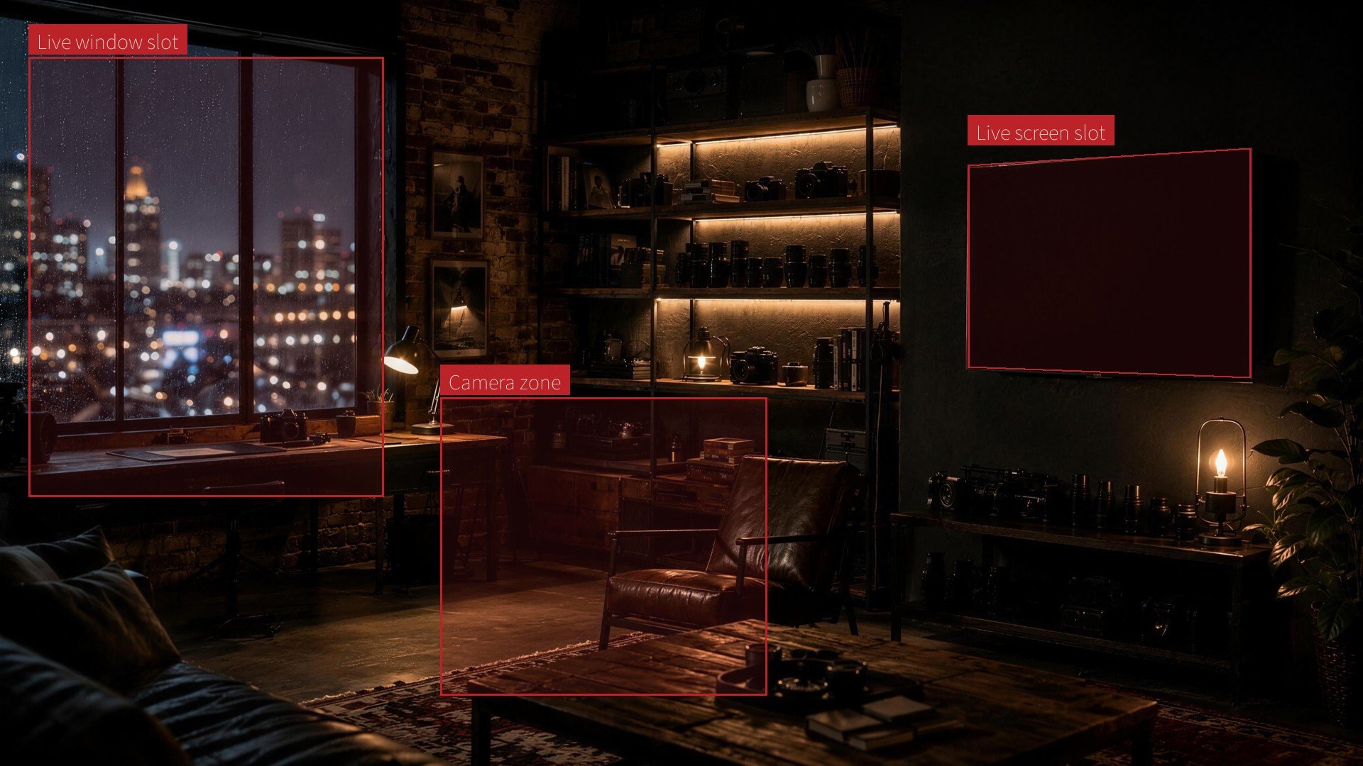 A moody creator loft at night with a rainy city window, lit shelves of camera gear, and a blank wall display