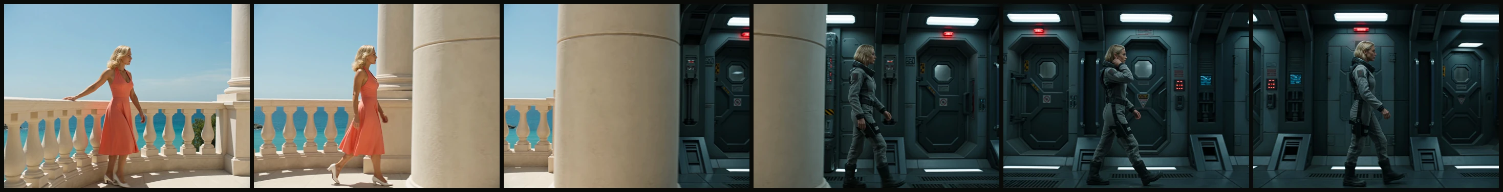 Six frames in order showing the terrace, the column filling the frame, and the corridor beyond it.