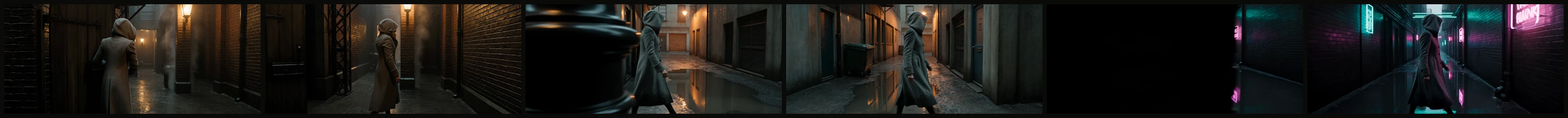 Six frames showing one walking figure carried through three treatments in order.