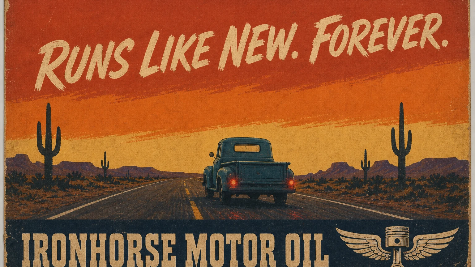 A mid-century illustrated poster of a pickup on a desert two-lane at dusk, a brush-script line across the sky and a slab-caps wordmark below.