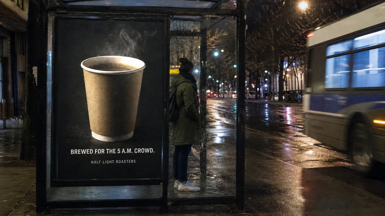 A backlit bus shelter poster on a rainy night street: a steaming coffee cup photo with a short headline, a commuter waiting beside it.