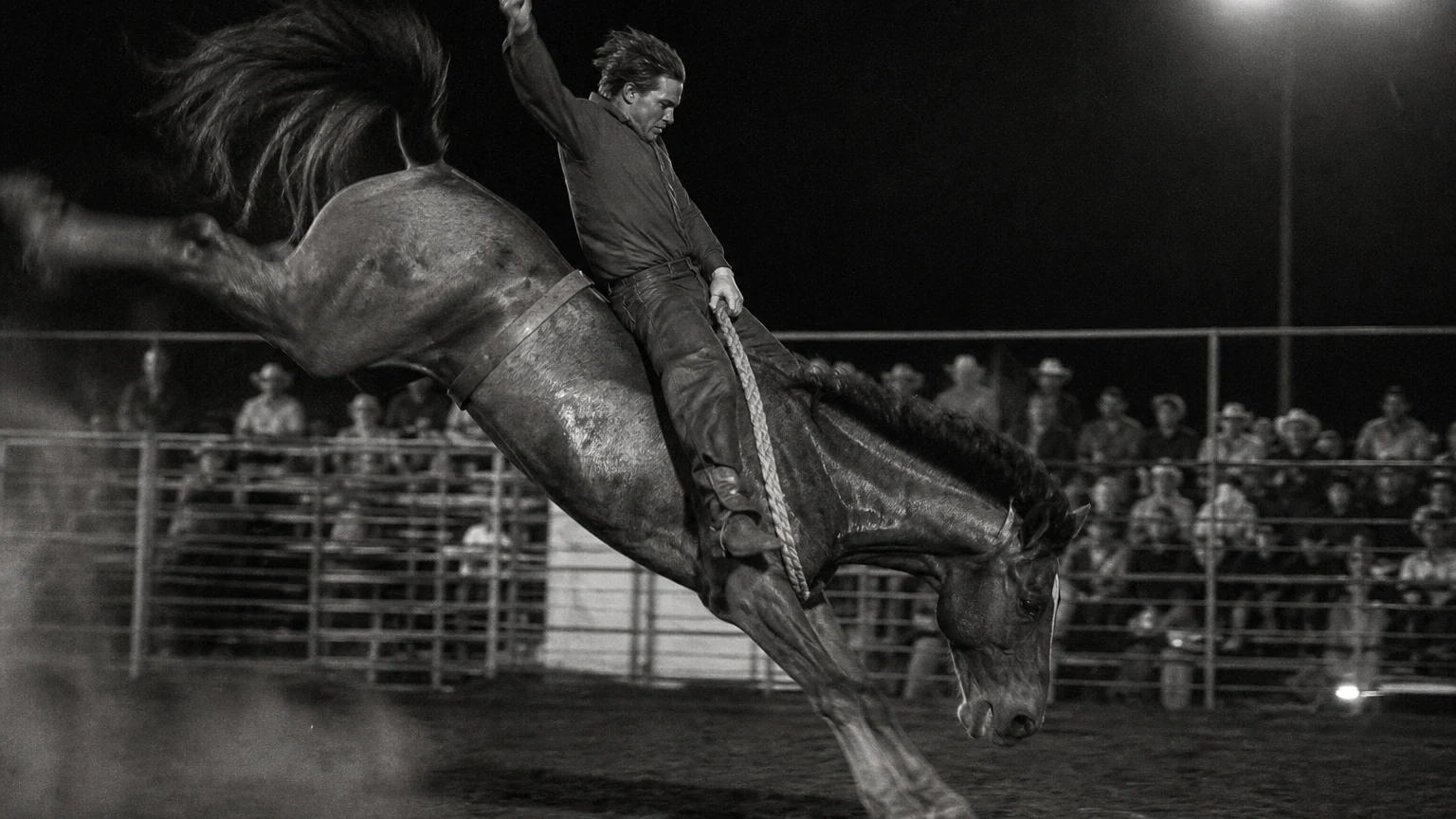 A black and white rodeo frame: a bareback rider mid-buck at night, the horse blurring into dust while the gripping hand stays sharp.