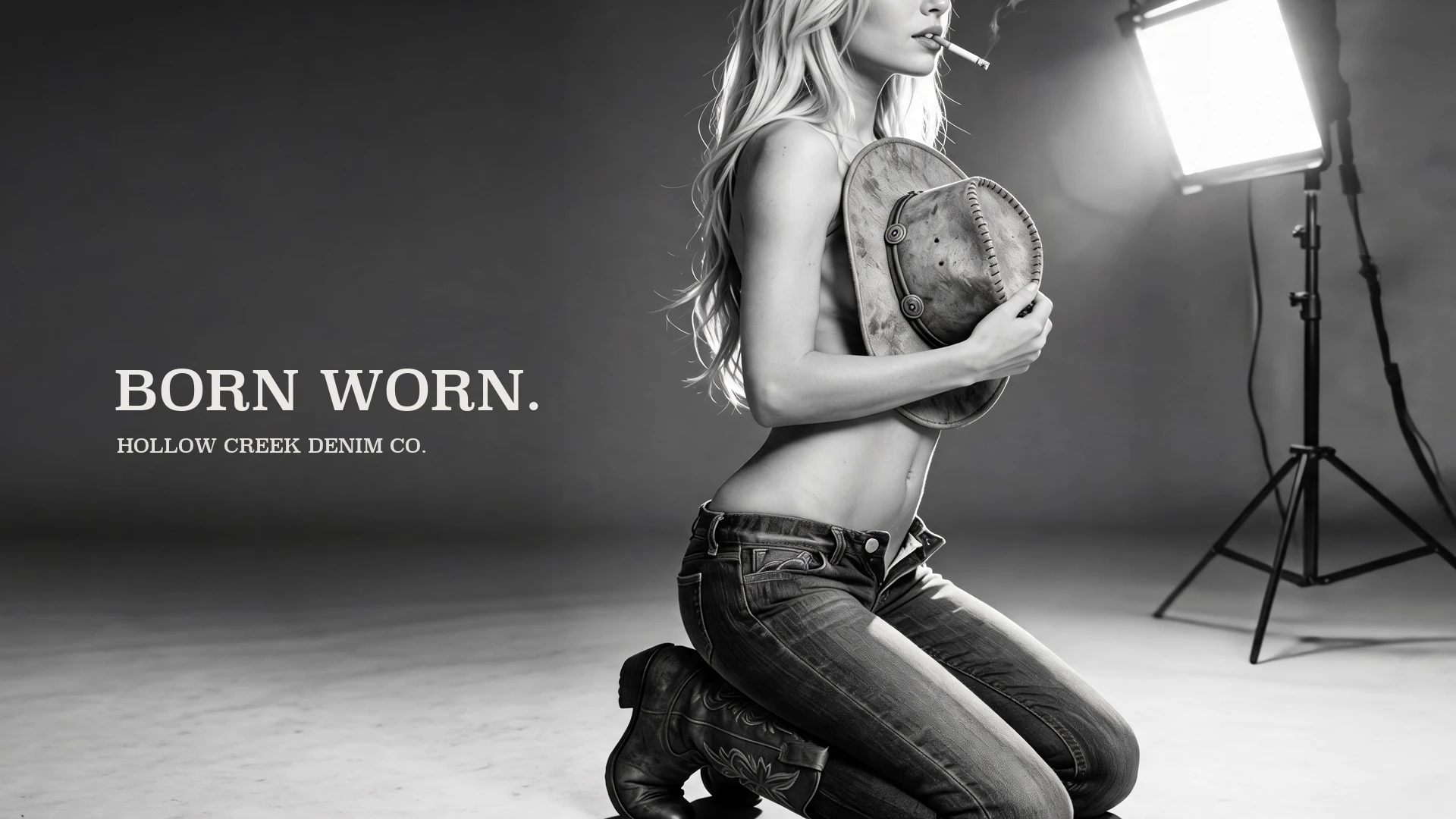 A black and white denim campaign photograph, full frame: a woman kneels in side profile on a wide studio floor under one softbox, a weathered cowboy hat clamped to her chest, cigarette at her lips, jeans and worn boots, the campaign line typeset in the open left of frame.