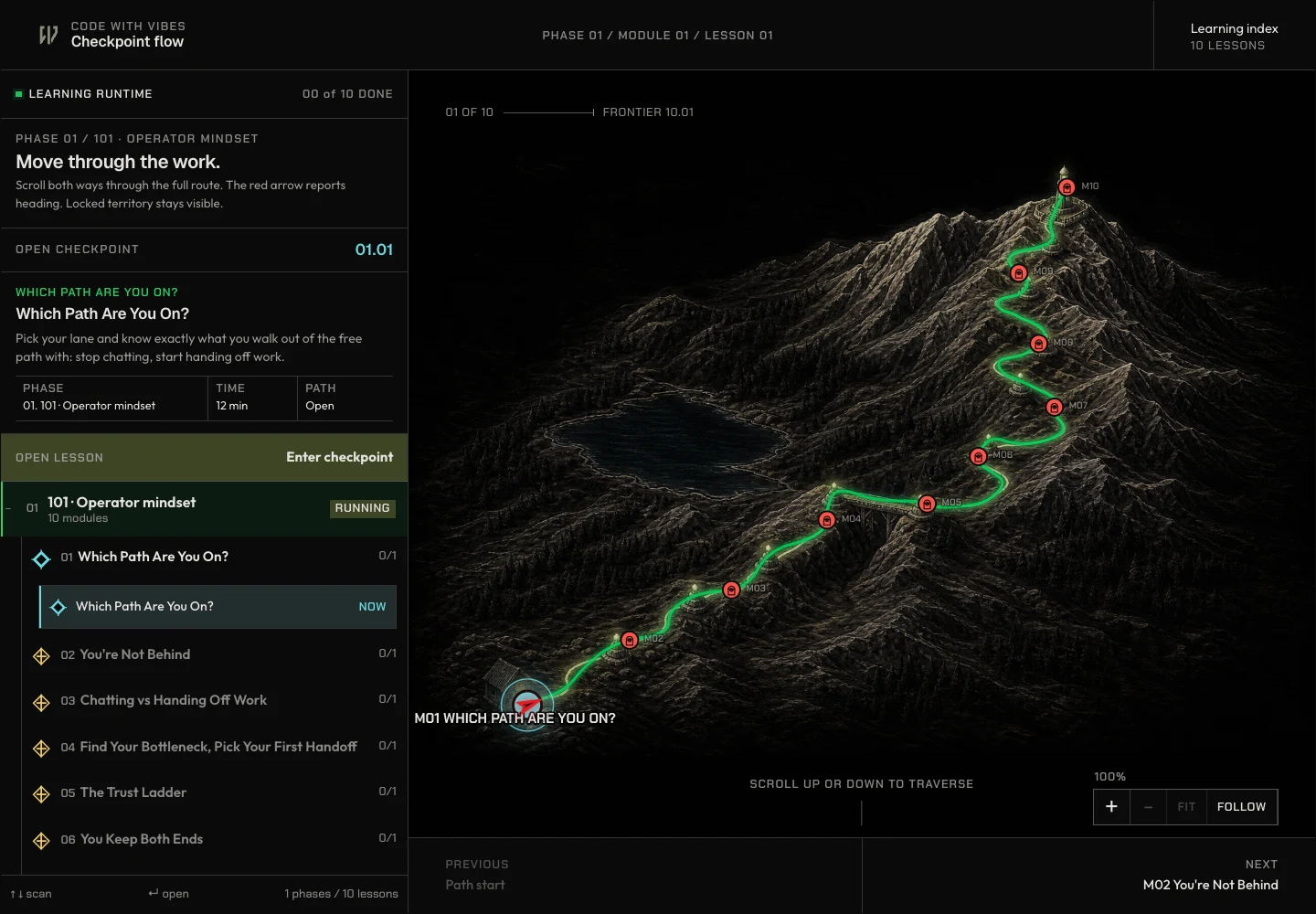The reader console: dock, trail map, lesson in place.