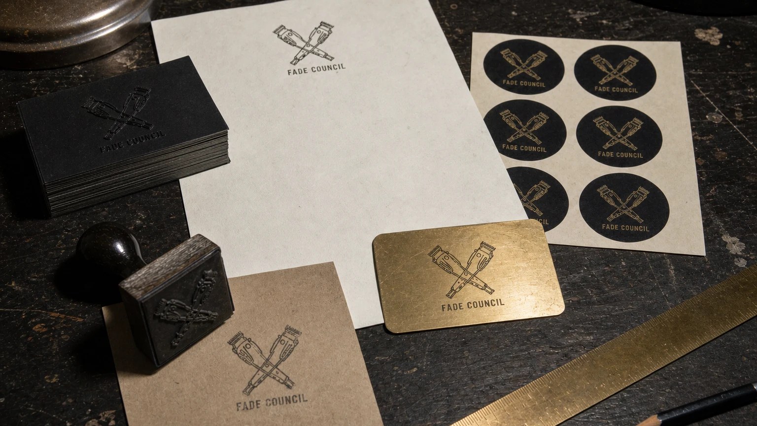 Printed identity specimens on a dark worktable: embossed business cards, letterhead, a sticker sheet, a foil card, and a rubber stamp beside its impression.