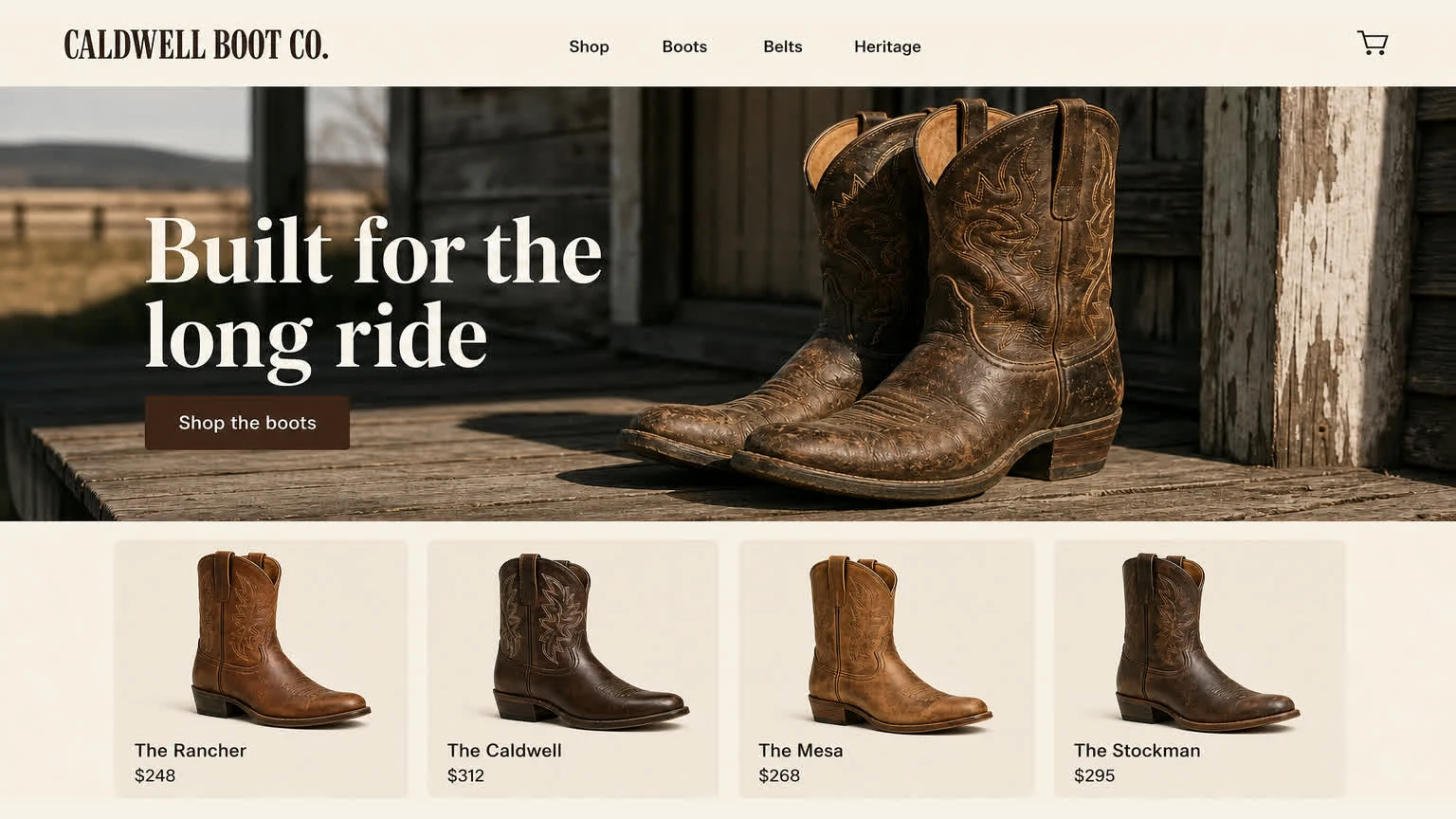 An ecommerce homepage for a western boot brand: serif hero over porch photography and a four-boot product row with prices.