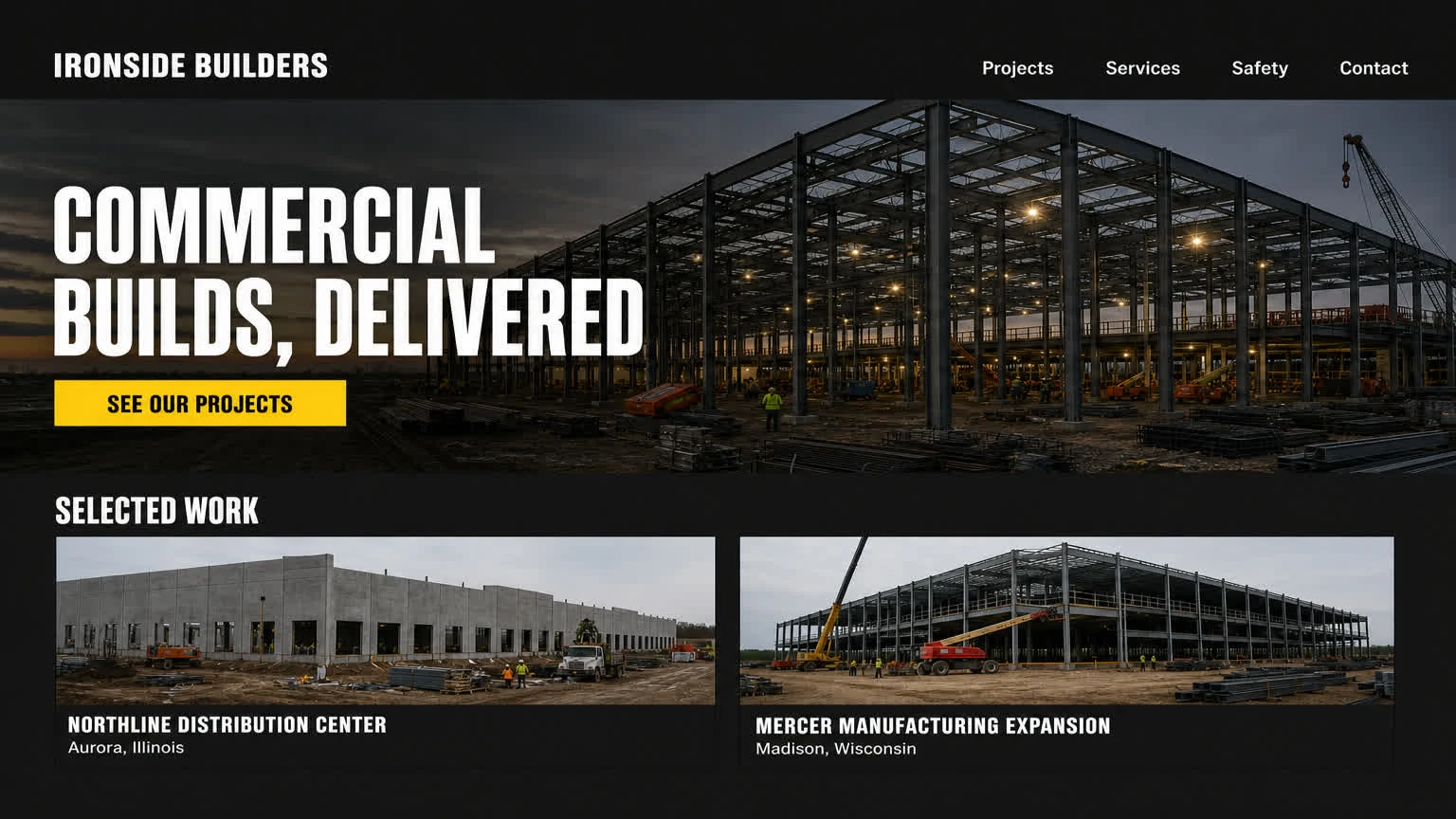 A charcoal construction company homepage: steel framing at dusk under work lights, a project grid below.