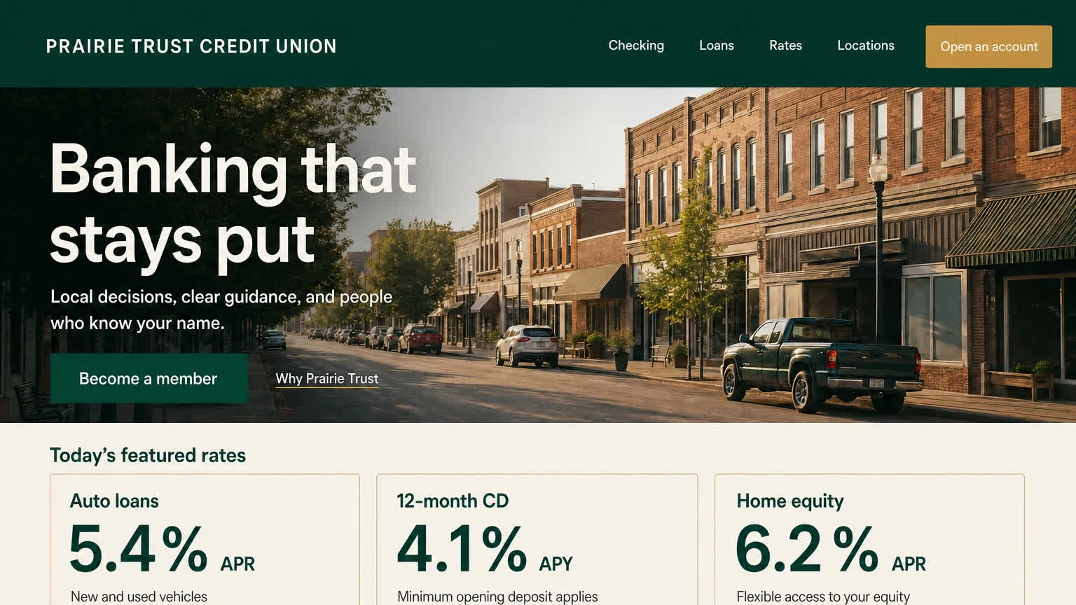 A credit union homepage: a small-town main street hero and three featured rate cards.