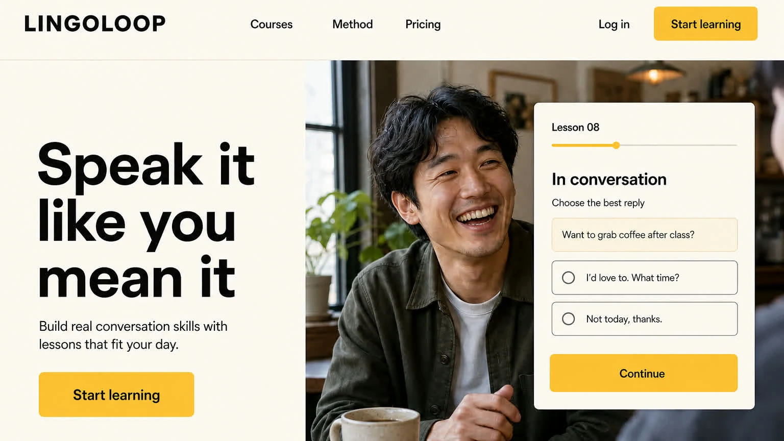 A language learning platform homepage: a split hero with a lesson card over conversation photography.