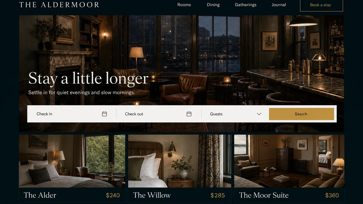 A boutique hotel homepage in deep teal and brass: a lamplit lounge hero, a booking bar, and a room-card row with rates.