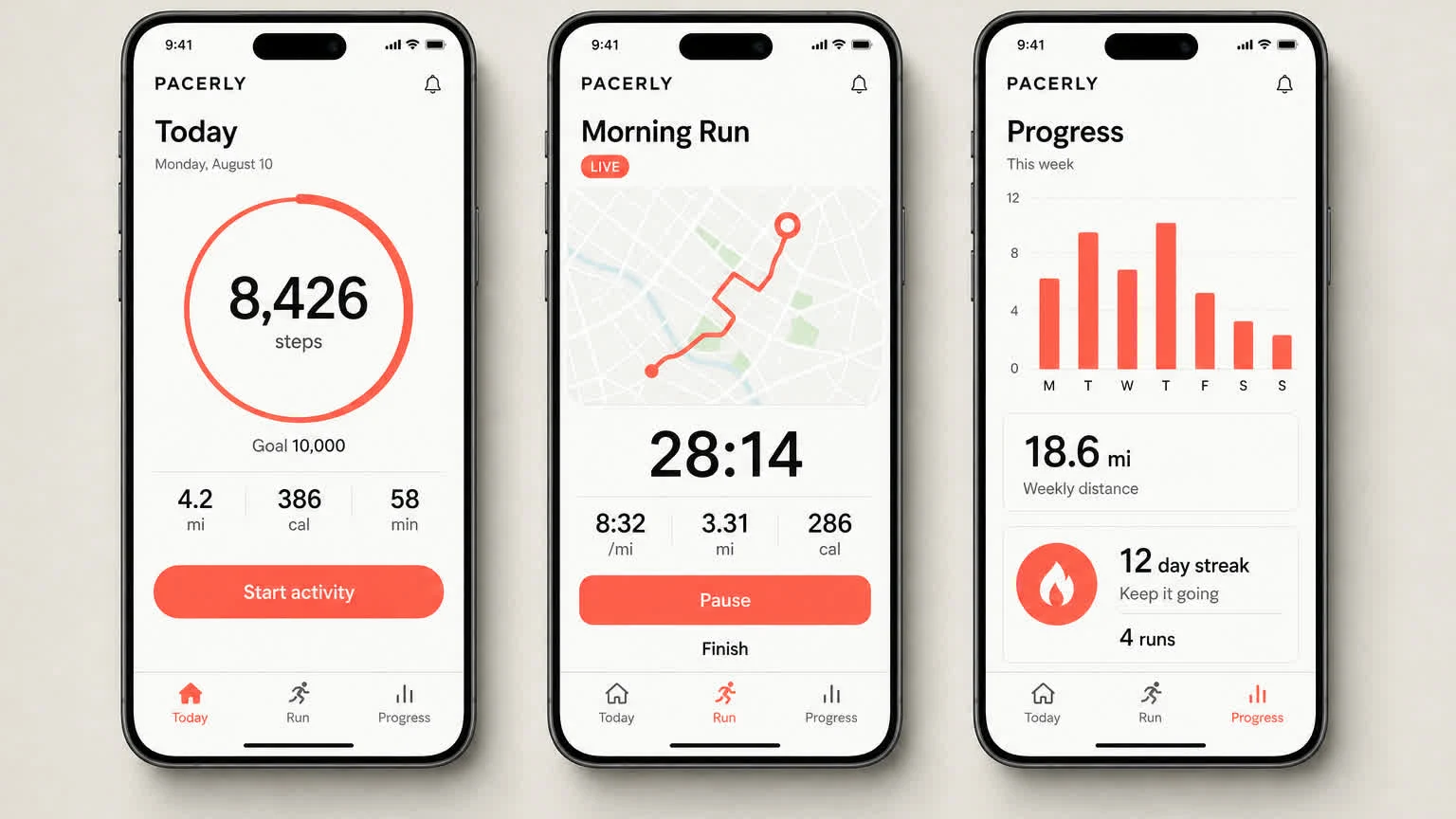 Three phone screens of a fitness app: today view, live run map, and weekly progress.