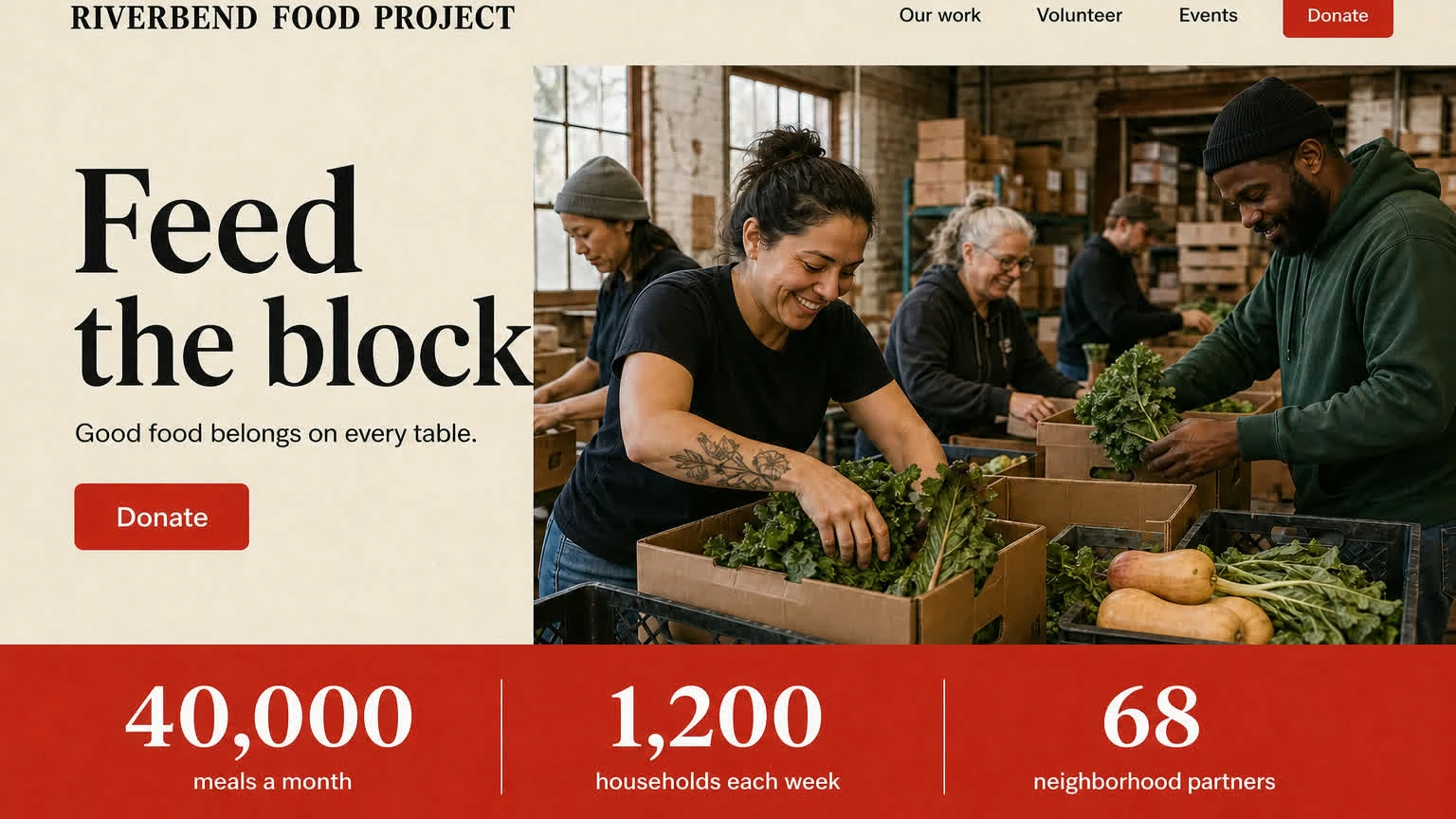 A food-bank nonprofit homepage: volunteers packing produce boxes, a red impact band below.